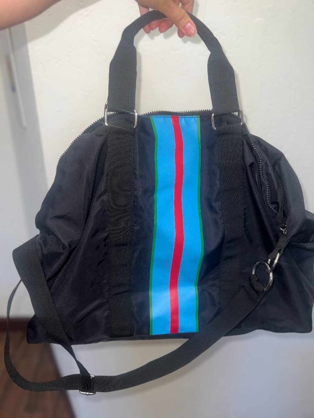 Cynthia Rowley Black Nylon GO Duffle Travel Gym Bag Blue Red Stripe